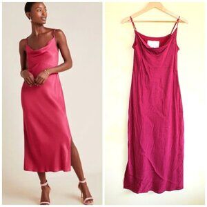 Anthropologie Pink Satin Midi Slip Dress Size XL Bridesmaid Magenta Straps